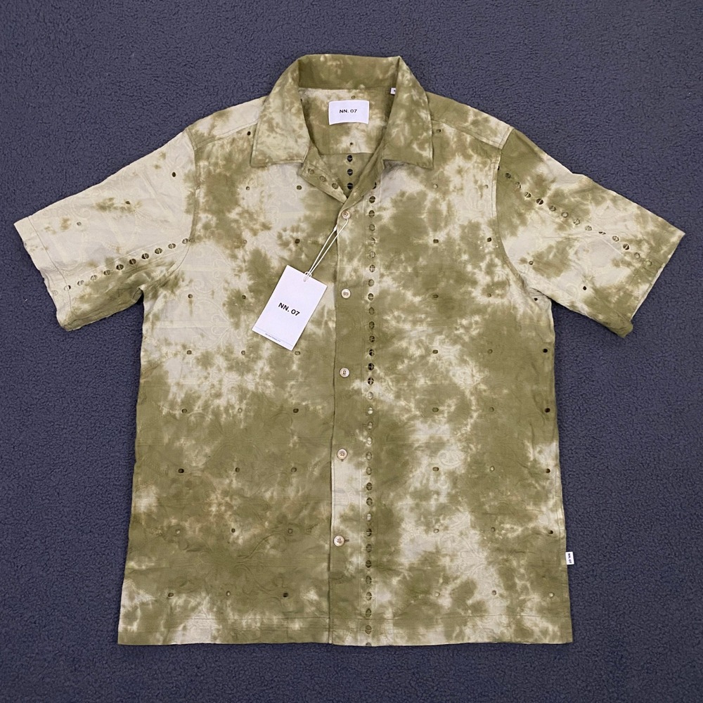 NN 07 Julio Shirt Mens Medium Evergreen Camp Collar Tie Dye Eyelet Embroidered